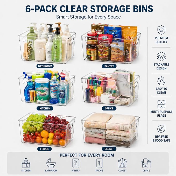 MOONEDGE 6 Pack Clear Organizer Bins 11x8x6in Pantry Organizers and Storage | Clear Containers for Organizing, Plastic Storage Bins with Handles for Drawer, Craft, Fridge, Kitchen Cabinet Shelf