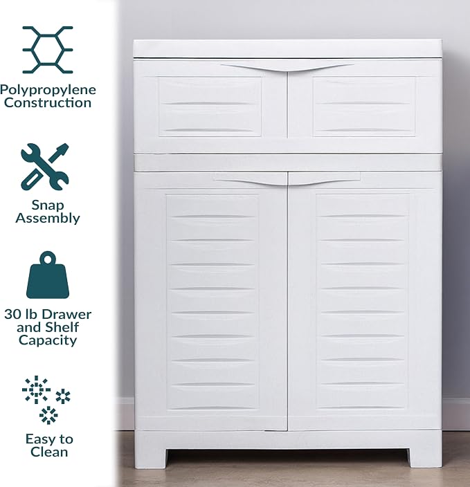 Sunnydaze 34.5" Garage Storage Cabinet with Adjusting Shelf, Speckled White | Heavy Duty Resin Storage Cabinet Resists Rust & Peeling, Utility Cabinet with Drawer & Anti-Tip Kit for Laundry, Office