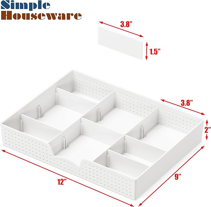 Simple Houseware Drawer Organizer Tray, 9 Adjustable Compartments, White | For Office, Makeup, and Craft Drawer or Desktop Storage