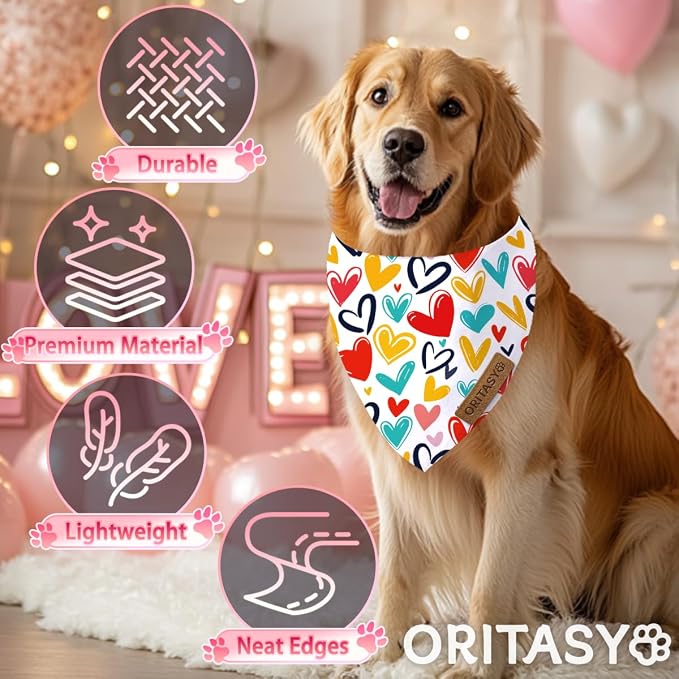 Valentines Day Dog Bandanas, 2-Pack Triangle Reversible Valentine Pet Scarves, Premium Fabric, Bandana for All Boys Girls Dogs (XL, Style 3)