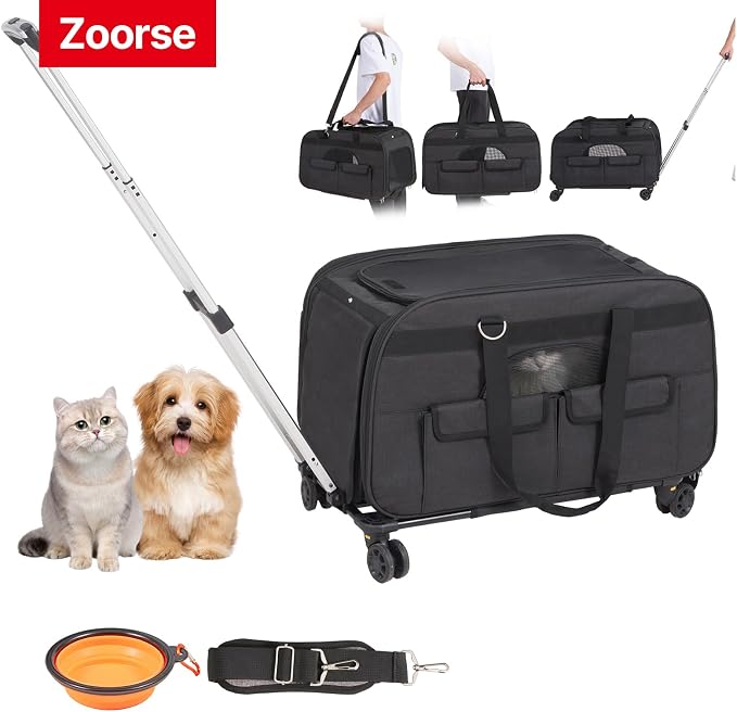 Happybuy Cat Carrier with Wheels, Rolling Pet Carrier with Telescopic Handle and Shoulder Strap, Dog Carrier for Pets up to 35 lbs, Includes Folding Bowl, Black