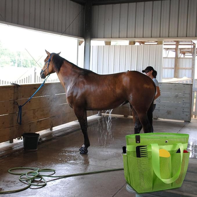 Mesh Horse Grooming Tote Bag Breathable Waterproof, 6 Pockets Horse Grooming Kit Tool Bags, Horse Cleaning Caddy Box for Cleaning Supplies, Pet Grooming Organizer for Horse Donkey, Green
