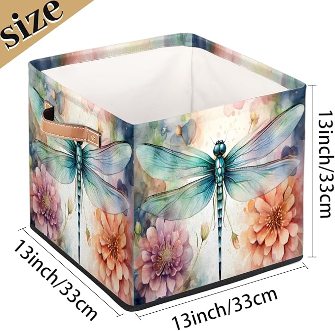 Floral Dragonfly Cube Storage Bin, 13 Inch Collapsible Fabric Storage Cubes Bin, Foldable Cube Baskets for Shelf, Closet, Organizer