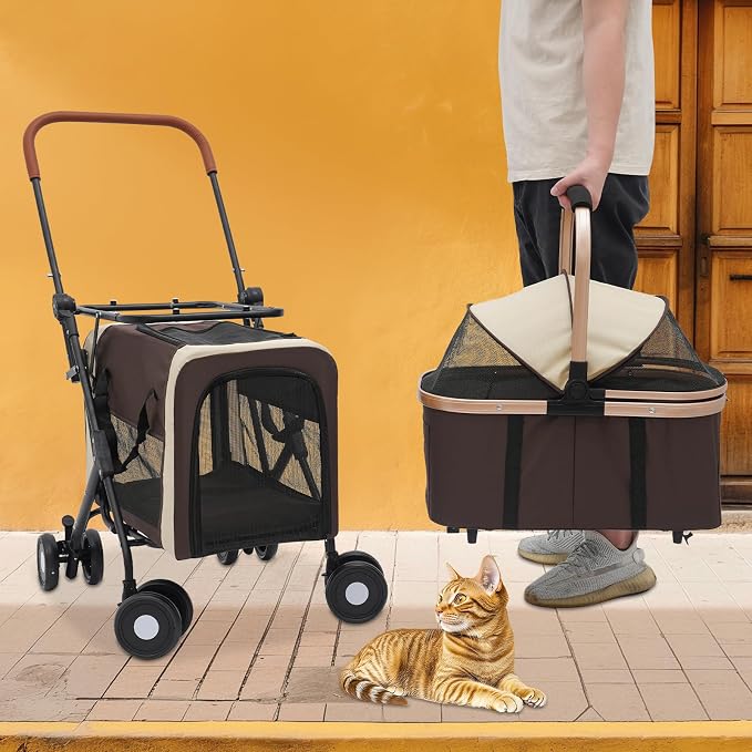 Double Dog Stroller for 2 Small & Medium Pets, Double Pet Stroller with Detachable Carriers, Foldable Dog Stroller for 2 Dogs, Two-Seater Carrier Dog Walk Jogger Travel Pet Carriage Cart (Coffee)