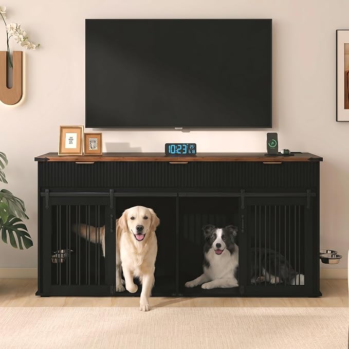 71" Large Dog Crate TV Stand with 3 Fluted Drawers, Furniture Style Wooden Double Dog Crate Furniture with Power Outlet and Rotating Feeders, Dogs Cage for Small Medium Large Dogs, Black