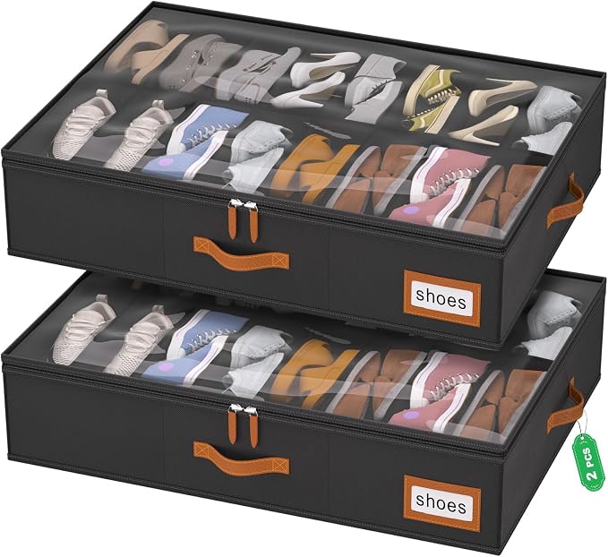 Shoe Organizer Under Bed, Fits 32 Pairs, Under bed Shoe Storage Boxes with Study Handles and Clear Cover, zapateras organizer for shoes, set of 2
