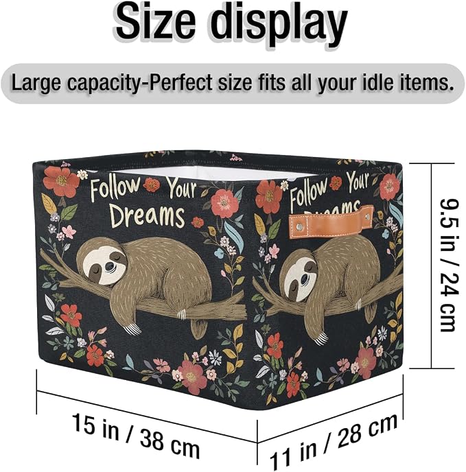 SEULIFE Quote Animal Sloth Flower Tree Foldable Storage Basket, Large Collapsible Organizer Storage Bin Cube Toys Storage Boxes with Handles for Bathroom Kids Nursery Closet Storage, 1 Pack