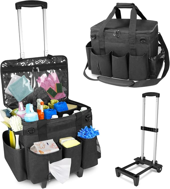 LIWSHWZ Large Rolling Cleaning Caddy Bag with Detachable Trolley & Lid,Cleaning Supplies Organizer on Wheels with Multi Pockets for Cleaning Tools Storage,Housekeepers, Black
