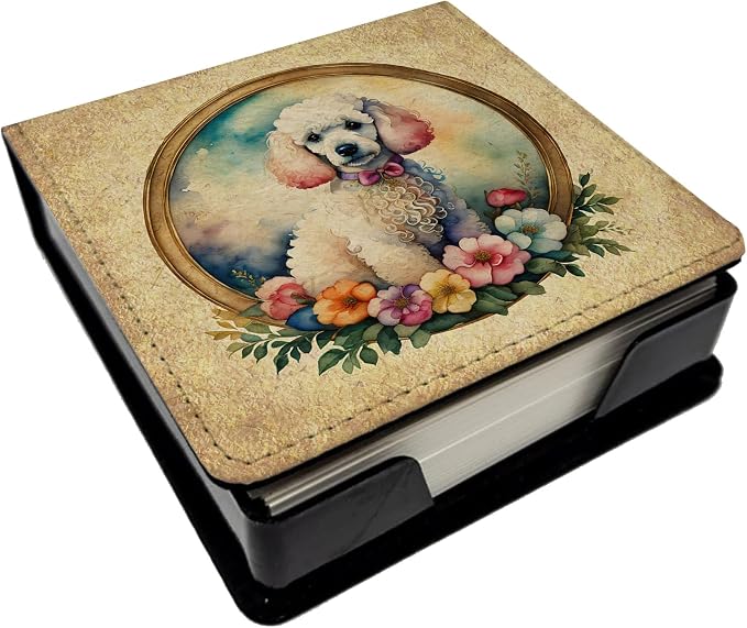 Caroline's Treasures White Poodle and Flowers PU Leather Note Paper Holder with Artist-Designed Cover, Desk Accessory, Office Gift