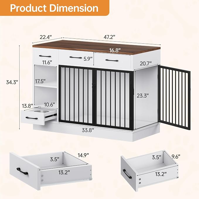 Dog Crate with Hidden Feeder Bowl & 3 Storage Drawers - 47.2" Wooden Dog Cage Indoor with Adjustable Shelf, 2 Doors Dog Kennel Furniture for Medium & Small Dogs, Multi-Functional Pet End Table