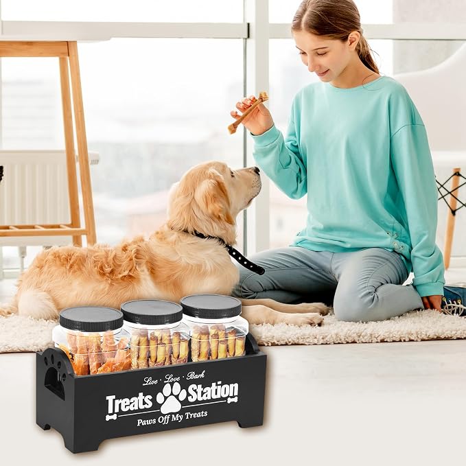 Dog Treat Container With 3 Plastic Jars, Farmhouse Pet Food Storage Organizer for Dogs and Cats (Black)