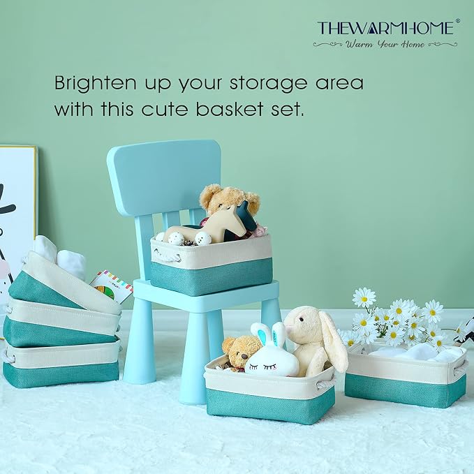 Storage Bins for Shelves - Small 6 Pack 11.8x7.8x5.2 inch Sturdy Storage Basket W/Handles, Decorative Foldable Storage Baskets for Organizing Closet Nursery Toy(White & Green)