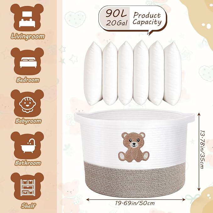 LemonRoad Extra Large Basket 20"x14", Woven Basket for Laundry Blanket Toy Box with Handle Storage, Blanket Storage for Living Room Nursery Pillows Chest(Cotton Rope,Cute Bear,Brown)