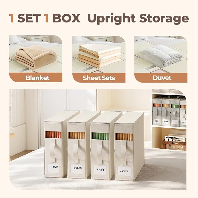 Cotton Linen Sheet Organizers and Storage, 4Pack Off-White | Undyed Natural Cotton Linen Fabric, Fits King and Queen Sheet Sets, Clear Window with Label Slot, Sturdy Foldable Organizer
