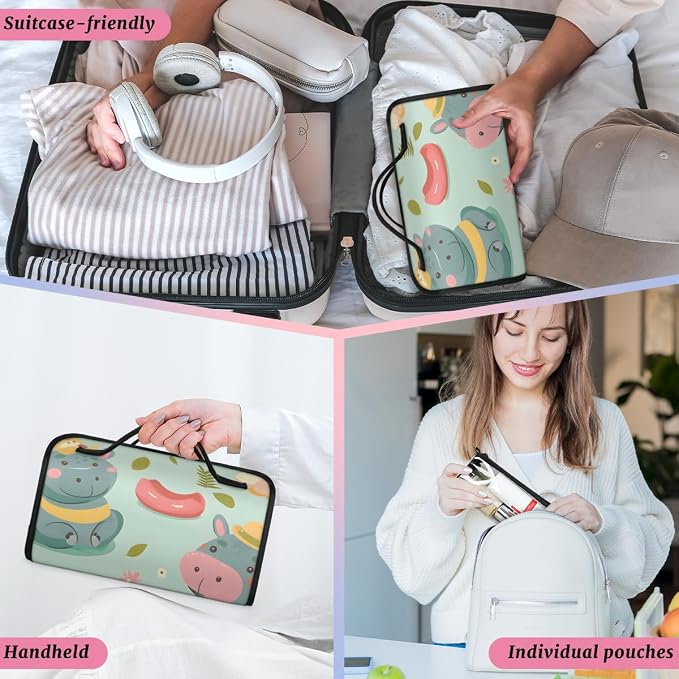 Hippopotamus Makeup Bag for Women Hanging Roll-Up Travel Organizer Toiletry Kit with 4 Removable Compartments, Tropical Theme