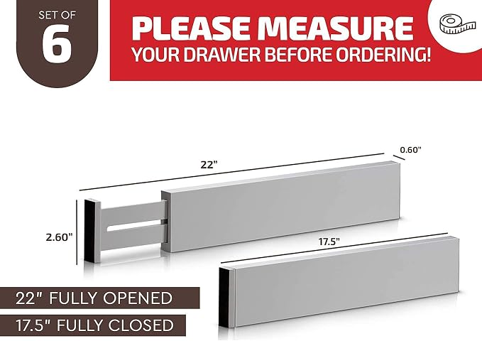 Bambüsi Bamboo Drawer Dividers 6 Pack - Deep Drawer Organizer, Adjustable 16 to 22 Inch Expandable Dividers, 2.6 Inch High Wood Separators for Kitchen, Clothes, Bedroom, Bathroom, Office - Grey | Bamboo, Spring Loaded, No Tools Needed, Fits Wide Drawer...