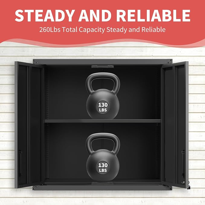 Garage Wall Cabinet with 2 Locking Doors Metal Storage Cabinet,Black | Wall Mounted Heavy Duty Steel Tool Cabinet Hanging Cabinet for Garage Warehouse Bathroom Kitchen,Assembly Required