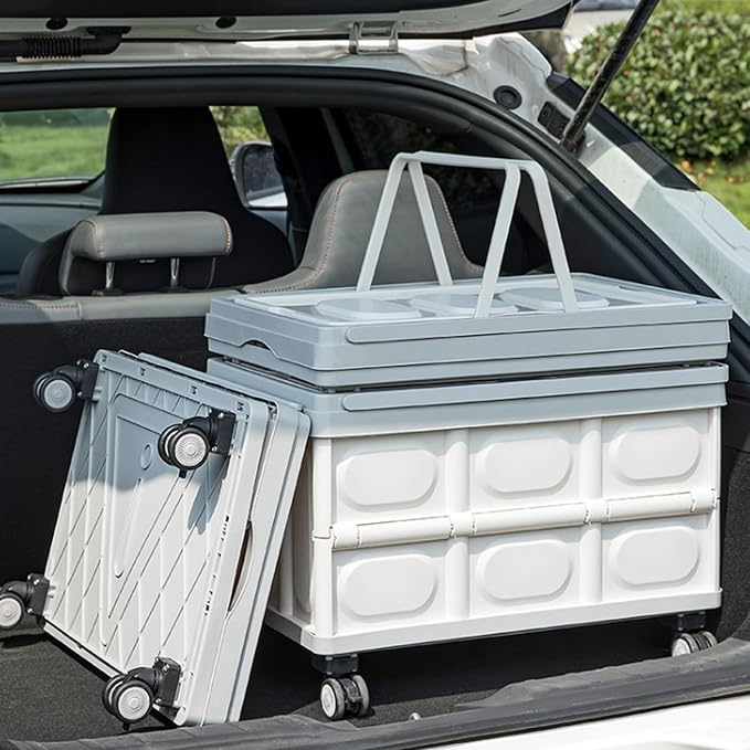 50L Rolling Crate with Wheels, Foldable Storage Crate with Detachable Wheels, Large Capacity Rolling Crate with Handle Space-Saving Utility Cart for Indoor Outdoor Use Grey