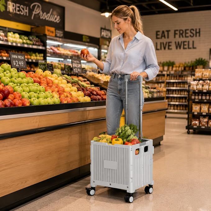 Foldable Shopping Cart with Wheels: Gray Rolling Utility Crate | Adjustable Handle, All-Terrain Wheels, Multipurpose Grocery Trolley for Teacher, Market, Office, Luggage, Laundry, Garden