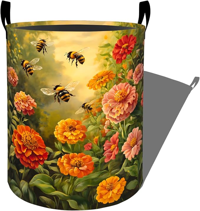 Bee Flower Laundry Basket, Garden Floral Insect Daisy Storage Hamper, Round Collapsible Waterproof Cloth Bin, 19.7x15.7 Inch Spring Clothes Organizer Gifts for Bathroom Decor