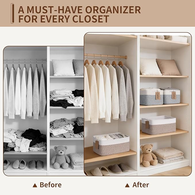 Goodpick 4 Pack Storage Baskets for Organizing Shelves, Gray & White | 13" x 8" x 6" Woven Rope Baskets for Baby Toys & Books, Shelf & Closet Organization, Stylish Gift Basket for Home Decor