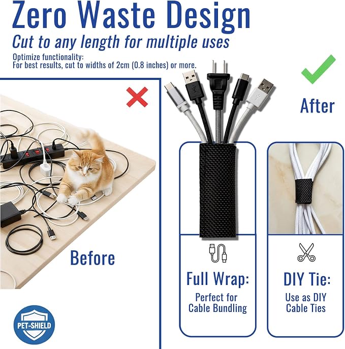 3/4" - 6.6 Ft Dog/Cat Cord Protector, Hook and Loop Cable Sleeve | Cable management sleeve; Reversible, flexible & cuttable; Split wire wrap for TV, USB, audio, computer and automotive; Black