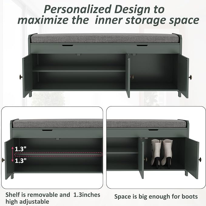 HOMEFORT 41.3" Shoe Bench with Lift Top Storage, Entryway Bench with Cushioned Seat, Wooden End of Bed Bench, Shoe Cabinet Bench with Hidden Storage Space, for Bedroom, Hallway,Green