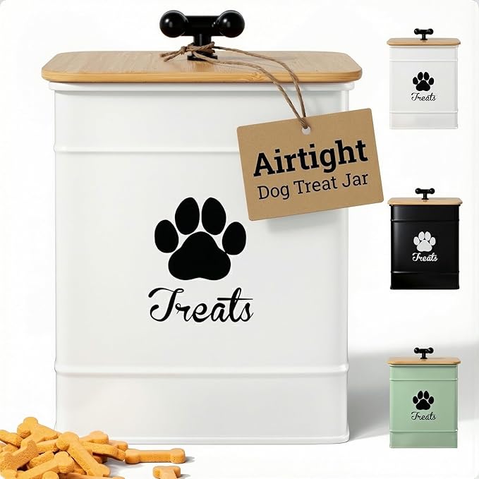 Dog Treat Container Airtight, 6"W x 8"H, Powder Coated, 12 Cup Capacity | Fits All Popular Treats, 12 Cup Capacity, Airtight Bamboo Lid, Easy Open Lid, Dent-Resistant Durable Metal Bone-Shaped Handle