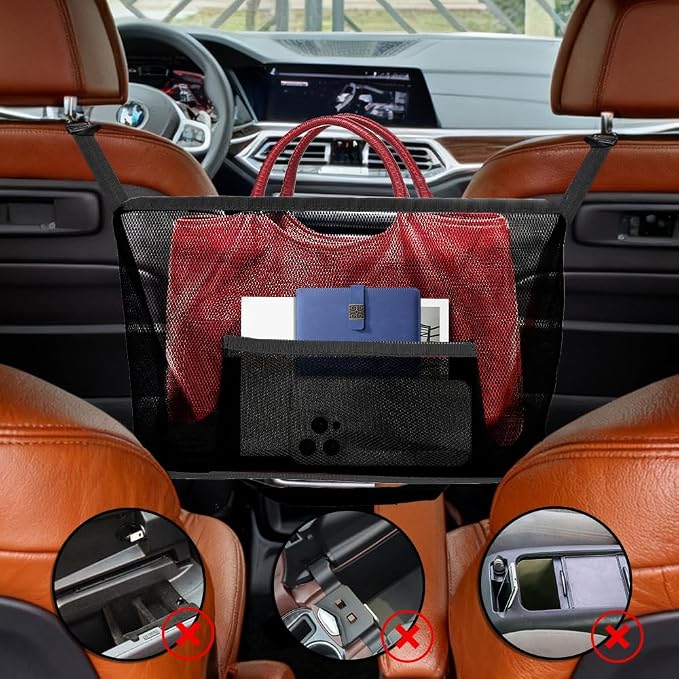 Car Net Pocket Handbag Holder, Organizer Storage Between Front Seats, Large Capacity Auto Seat Back Mesh Pocket Organizer, Car Handbag Holder Between Seats Universal for Most Vehicles (Black)