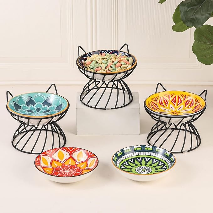Metal Stand for Cat Dish - Raised Cat Bowl Holder with Anti Slip Sleeves - Black Iron - Elevated, Anti Vomiting, Backflow Prevention - 5.9 x 4.7 inches