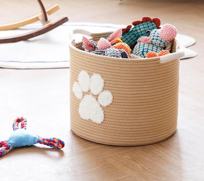 Cotton Rope Doy Toy Basket Woven Pet Storage Bin With Fluffy Paw Print, Large Pet Toy Organizer, Yellow Chew Proof Dog Toy Box for Dog Accessories, Blankets, Leashes