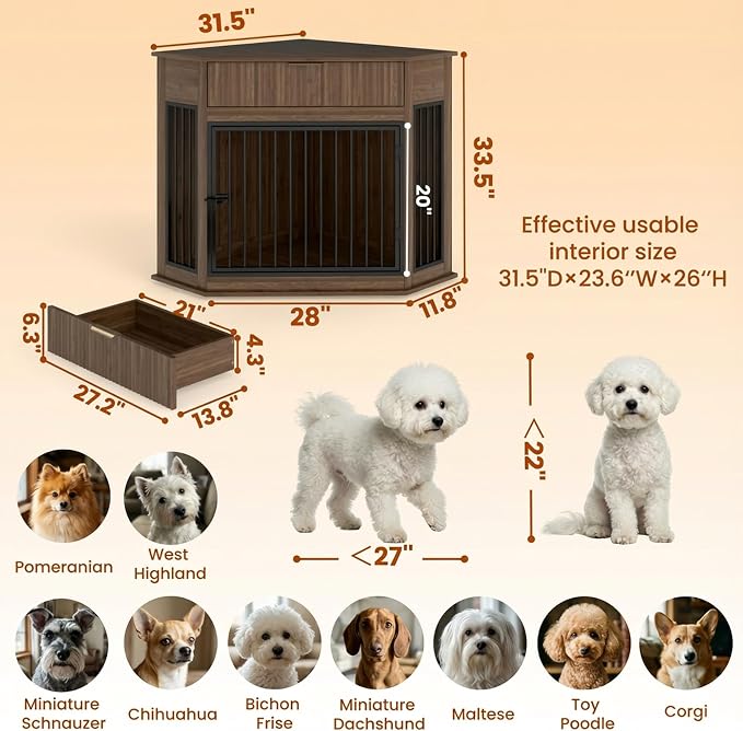 44.6" Corner Dog Crate Furniture for Small Medium Dogs, Modern Medium Size Decorative Dog Crates End Table with Fluted Drawer, Wooden Dogs Cage Kennel Furniture for Home Décor, Walnut