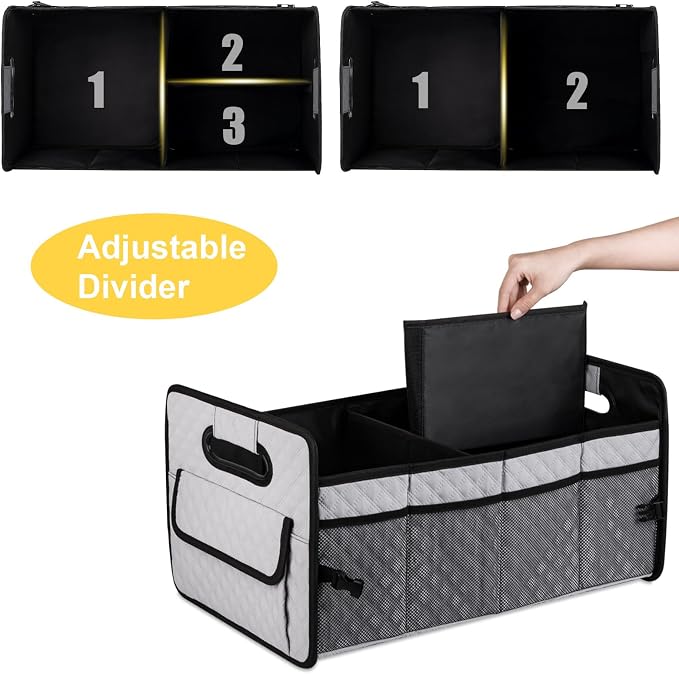 Car Trunk Organizer for SUV, Collapsible Car Storage Organizer Light Grey | Sturdy, Large Capacity, Diamond Decor, Multi Compartment Container Box Adjustable Car Accessories for Sedan Truck
