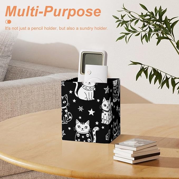 PU Leather Pen Pencil Holder Halloween Gothic Witch Moon Star Cat Skull Black And White Pencil Cup Stationery Container Box Makeup Brush Holder Storage Organizer for Office Supplies