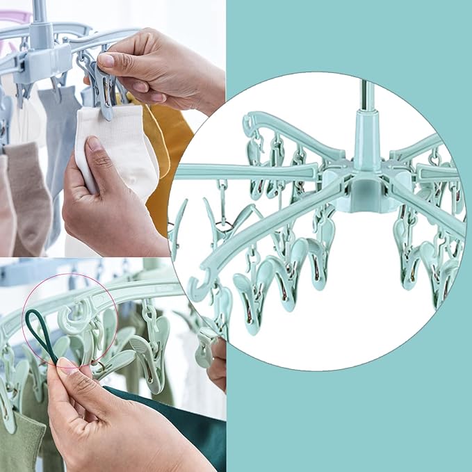 Clothes Drying Hanger with 24 Clips, Foldable Hanging Rack 2 Pack | for Drying Socks Lingerie Baby Clothes Drying Towels Rotatable Sock Drying Rack with 24 Pegs Clips(green)