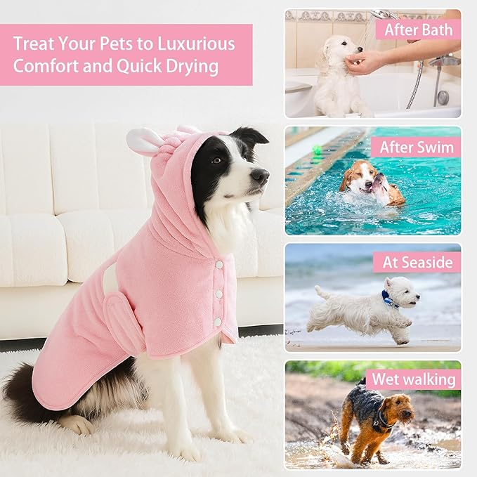 Pet Bathrobe Towel Dog Cat Drying Coat Super Absorbent Cute Dogs Bath Towel Hooded Robe Adjustable Collar & Belly Strap for XSmall to XLarge Pets (Pink, X-Small)