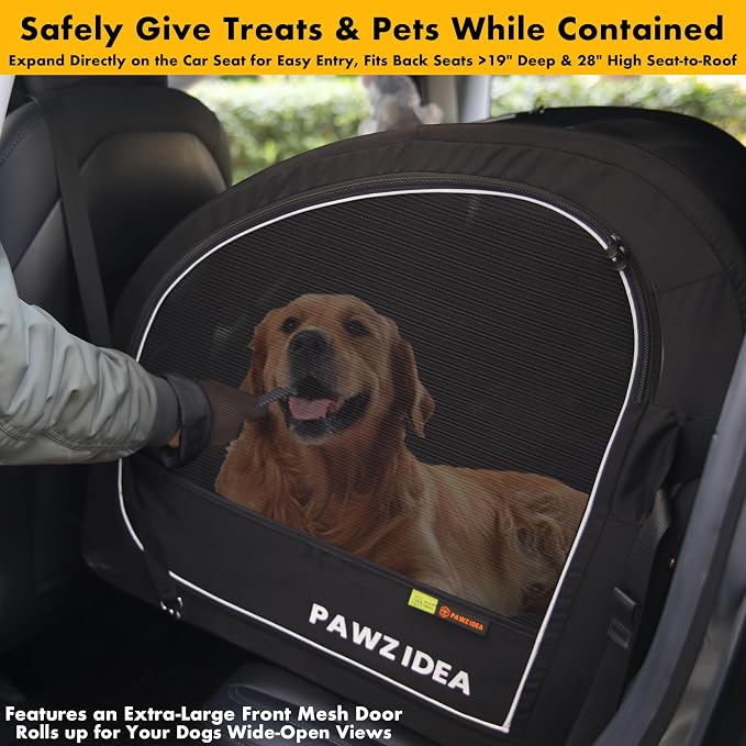 PAWZIDEA Portable Dog Crate for Car Travel, Medium & Large Dogs Up to 80lbs | Enclosed Soft-Sided Dog Car Kennel for Backseat, Secures w/ Seatbelt & Headrest Strap, Collapsible Car Carrier, Chew-Proof