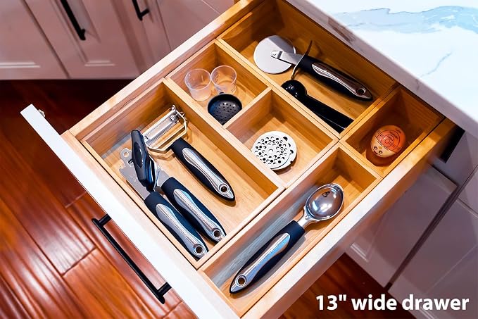 Drawer Organizer Storage Boxes, 2.5" High Bamboo Drawer Dividers, 5 Rearrangeable Bins for Kitchen, Office Desktop, Clothing, Makeup, vanity, Jewelry