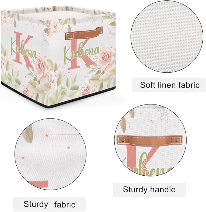 Personalized Name-Initial Pink Flower Storage Baskets for Women Girls, Custom Portable Square Storage Bins with Handles Foldable Organizer for Clothes, Toys, Blanket, Towel,Pet 13”