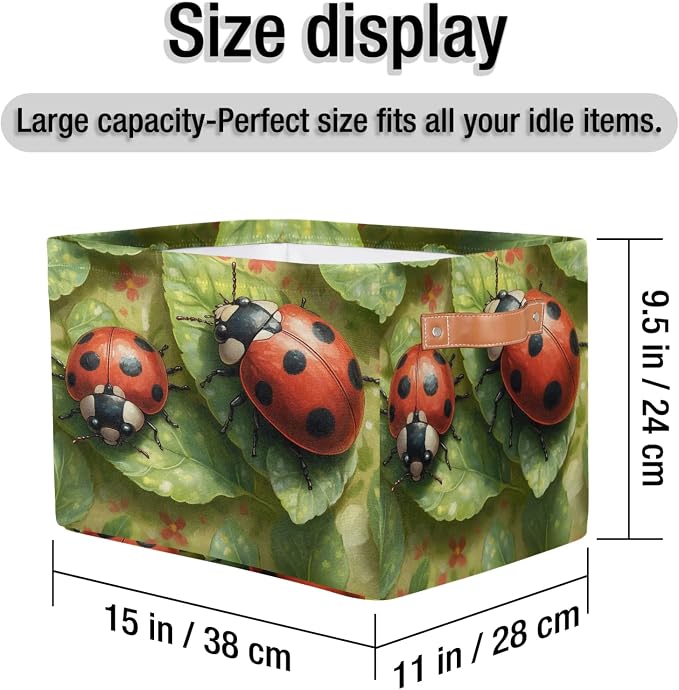 Green Leaf Ladybugs Storage Boxes Theme Storage Nursery Baskets with Handle Closet Collapsible Organizer Shelf Bins for Book Cloth 15 X 11 X 9.5 IN