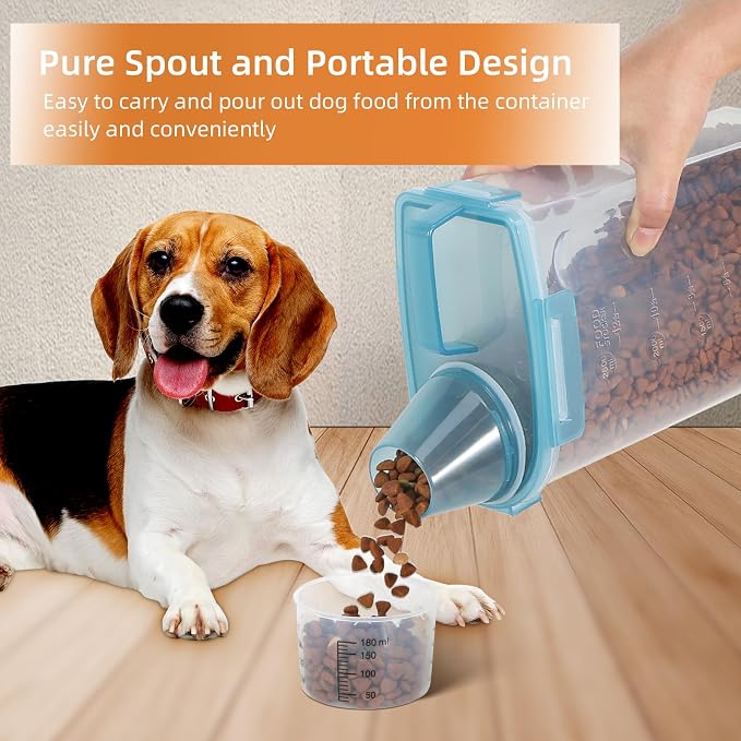 LEAWALK 3-5Lbs/3Qt Dog Cat Food Storage Container With Foldable Bowl., Plastic Pet Food Dispenser for Small Animal Kibble/Pet Food/Bird Seed/Oatmeal/Rice/Flour/Brown Sugart/Cereals (Clear Bule)