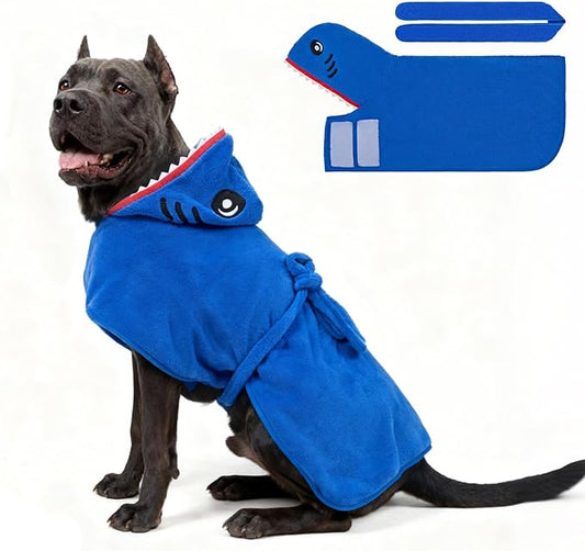 SCENEREAL Dog Bathrobe Fast Drying Towel Microfiber Dog Towel Robe with Hook and Loop Closure & Wrap Tie Snuggle, Super Absorbent Pet Cat Dog Bath Robe Drying Coat, Shark Hood 2XL