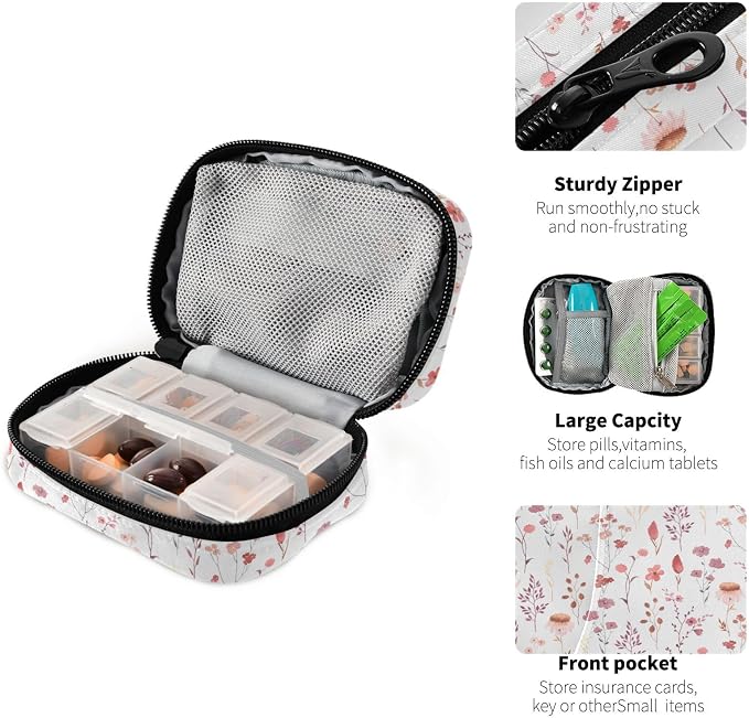 Ollabaky Wildflowers Watercolor Pill Organizer Travel Pill Cases Bag Portable Pill Container 7 Days Pill Box Organizer Vitamin Supplement Holder with Zipper for Family Business