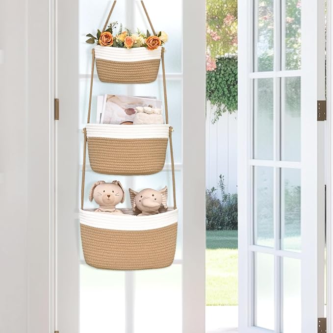 Hanging Basket, 3-Tier Woven Wall Basket with 4 Hooks, Cotton Rope Storage Baskets, Over the Door Organizer for Nursery, Bedroom, Cottage and Boho Wall Decor