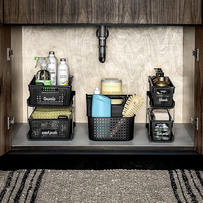 madesmart Premium Small 2 Tier Organizer, Under Cabinet Storage with Sliding Drawers, for Cleaning Supplies, Pantry, Sponges, Bottles, Adjustable Dividers & Pull Out Sliding Baskets, Carbon