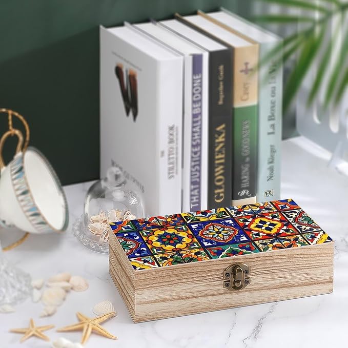 Small Memory Keepsake Box with Hinged Lid and Clasp, Mexican Talavera Tile | Colorful Floral Mexican Rectangle Jewelry Organizer for Picture Letter Storage, Gift Boxes, 9.2x5.5x3.9 Inch