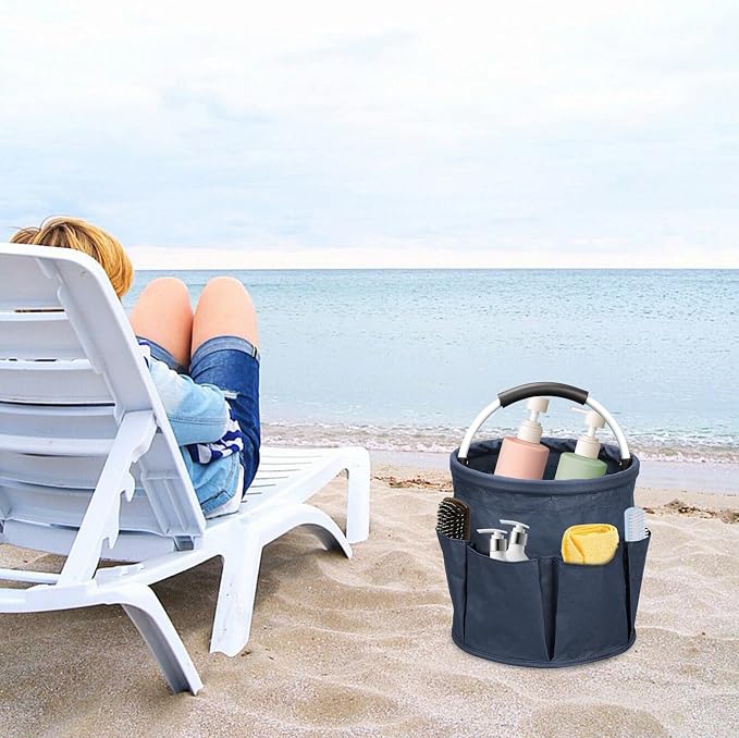 17L Cleaning Caddy, Portable Cleaning Supply Bucket, 6 Pockets Foldable Cleaning Supplies Organizer with Handle, Cleaning Caddy Bag for Cleaning Products (Navy Blue)