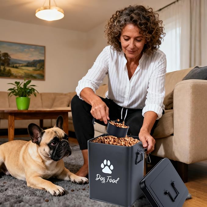 Dog Food Container 6.6lb, Cute Airtight Pet Treat Storage Containers with Metal Lid Scoop, Metal Storage Bin for Dog/Cat Durable Airtight Great Gift for Pet Owners-Black