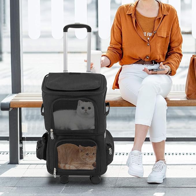 2-Tier Rolling Pet Carrier for Cats & Dogs, Removable Divider, Telescopic Handle, 4 Wheels, Breathable Mesh, Foldable, Large Portable Travel Crate with Side Pockets, 22lbs Capacity,Black
