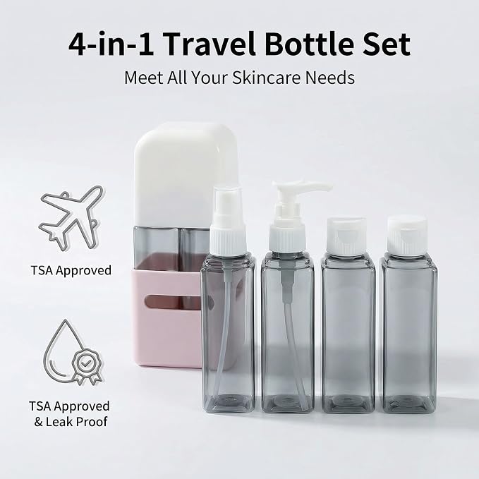 4 in 1 Travel Dispenser Bottle Refillable 4 in 1 Travel Dispenser 60ml Travel Bottles Leakproof Travel Size Containers for Toiletries Shampoo Lotion Pink